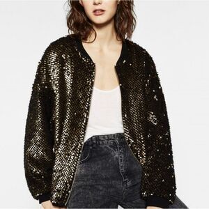 Zara Oversized Sequin Faux Fur Bomber in Black & Gold